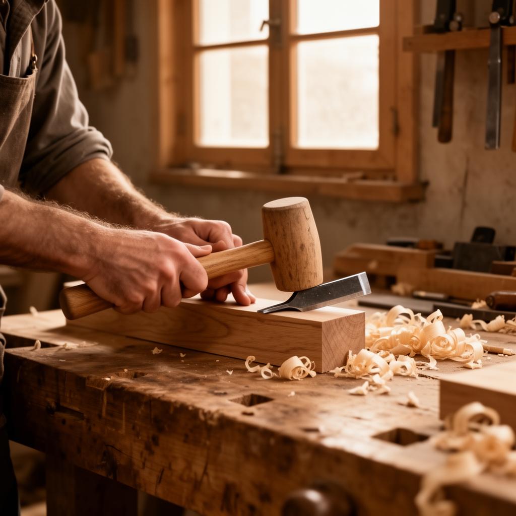 Hände eines Tischlers an einer Eichenholzplatte — Tonlage Handwerk